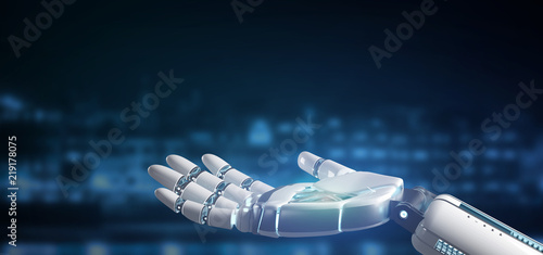 Obraz na płótnie Cyborg robot hand on a city background 3d rendering