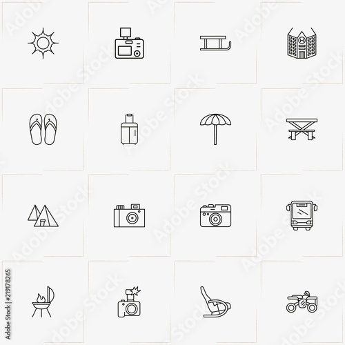 Holiday line icon set with sledge, beach umbrella  and camping tent