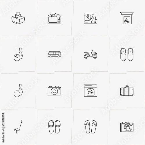 Holiday line icon set with bowling, fireplace and four wheel bike