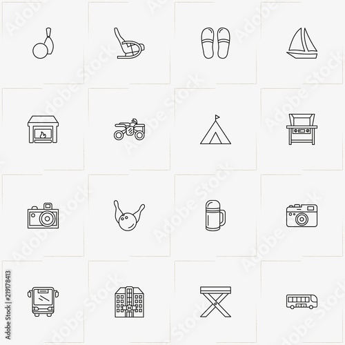 Holiday line icon set with thermos , fireplace and rocking chair