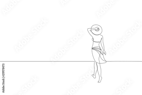 Continuous one single line art girl walking on sand beach concept. Beautiful woman portrait tropical holiday travel seashore hand drawn sketch. Beauty young lady horizont white vector illustration