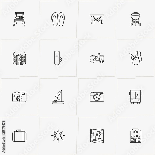 Holiday line icon set with yacht, sun and bus