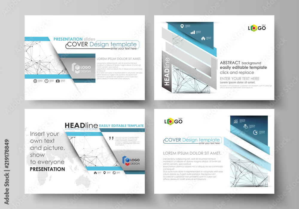 Set of business templates for presentation slides. Abstract vector layouts in flat design. Chemistry pattern, connecting lines and dots, molecule structure on white, geometric graphic background. Set of business templates for presentation slides. Abstract vector layouts in flat design. Chemistry pattern, connecting lines and dots, molecule structure on white, geometric graphic background.