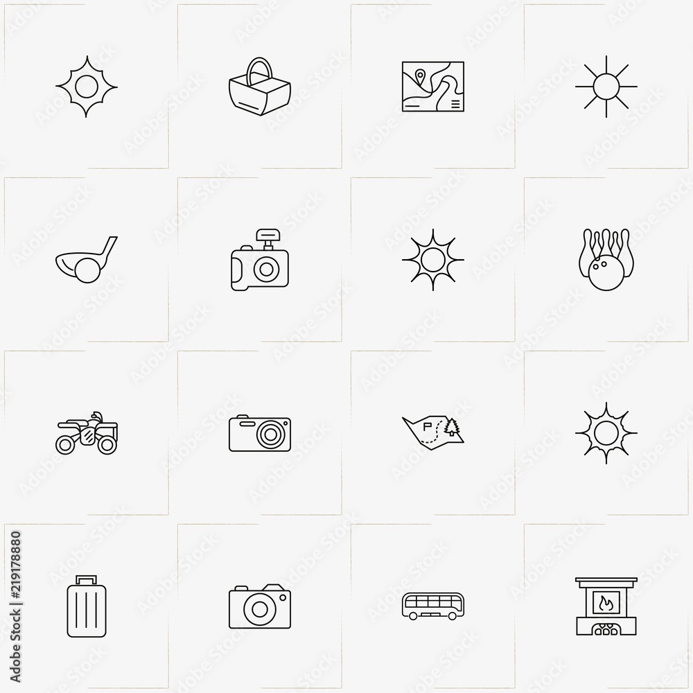 Holiday line icon set with sun, golf and fireplace Holiday line icon set with sun, golf and fireplace