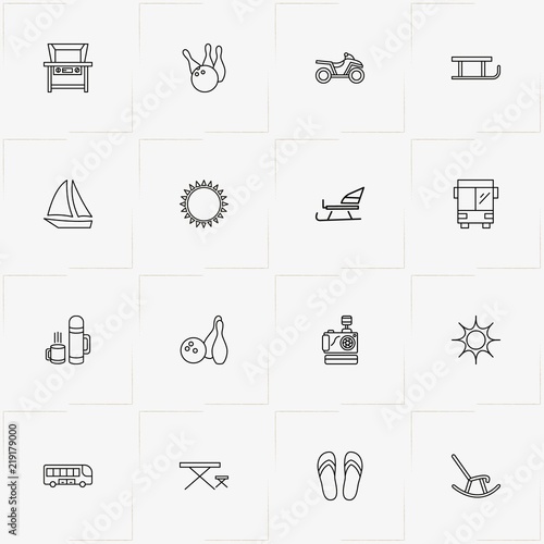 Holiday line icon set with sledge, thermos  and bus