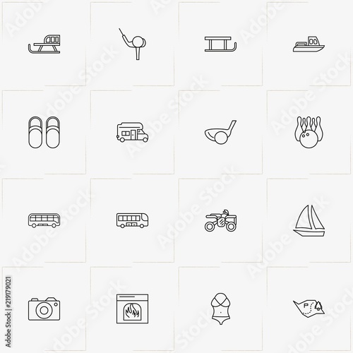 Holiday line icon set with map, fireplace and photo camera