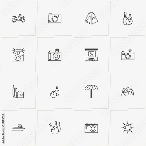 Holiday line icon set with yacht, four wheel bike  and fireplace