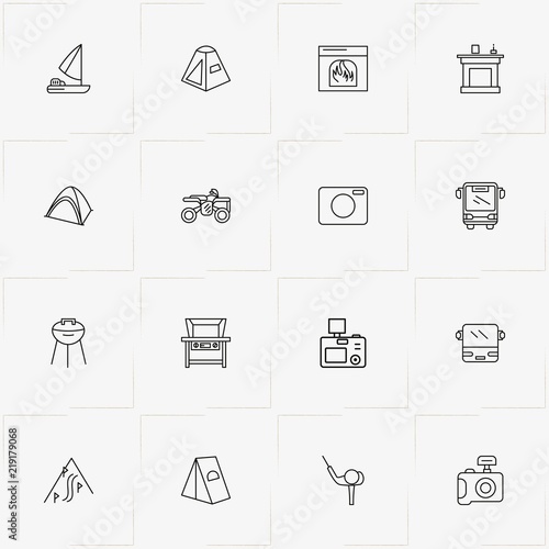 Holiday line icon set with four wheel bike , fireplace and yacht