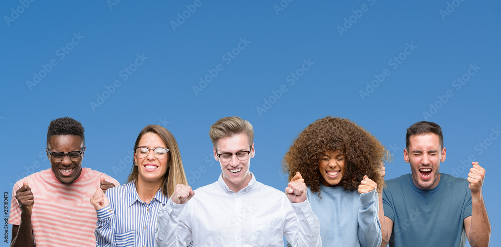 Composition of group of friends over blue blackground excited for success with arms raised celebrating victory smiling. Winner concept. Composition of group of friends over blue blackground excited for success with arms raised celebrating victory smiling. Winner concept.