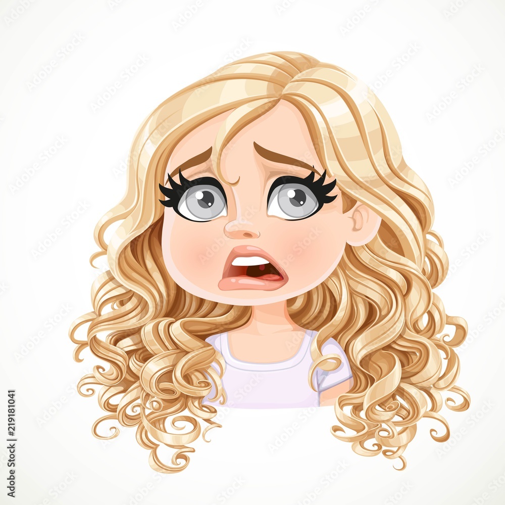 Beautiful disappointed cartoon blond girl with magnificent curly hair portrait isolated on white background