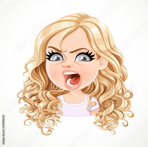 Beautiful angry aggressive cartoon blond girl with magnificent curly hair portrait isolated on white background