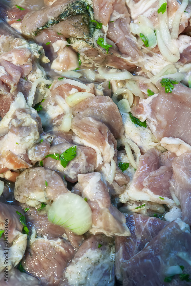 Fresh pickled meat for shish kebab. View from above. Fresh pickled meat for shish kebab. View from above.