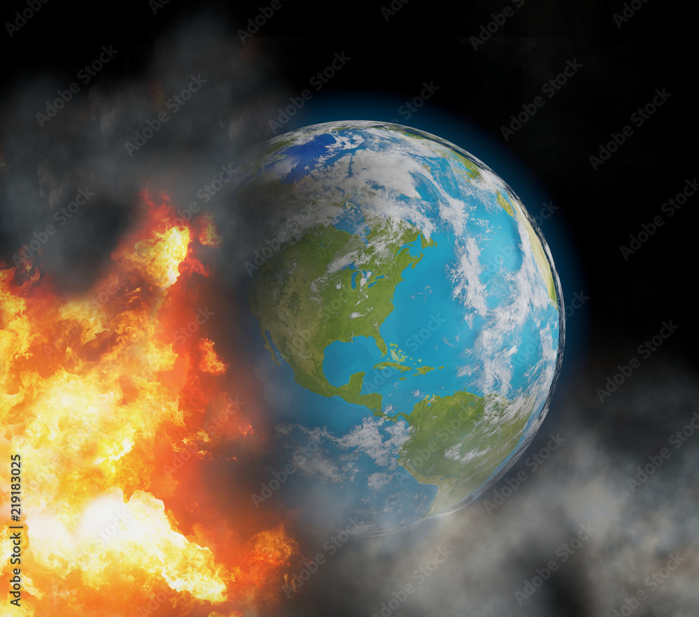 state of emergency with world globe focused at north america with fire flames and smoke 3d-illustration