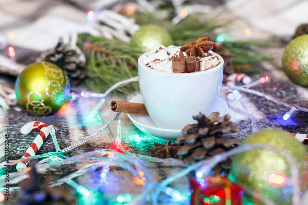 Christmas and New Year background.Cup of hot chocolate with marshmallows. Christmas and New Year background.Cup of hot chocolate with marshmallows.