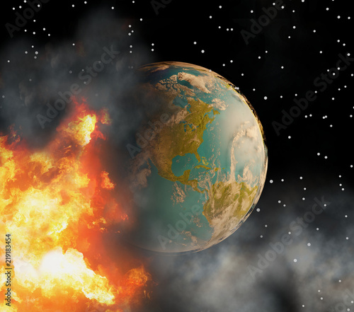 state of emergency with world globe with fire flames and smoke 3d-illustration