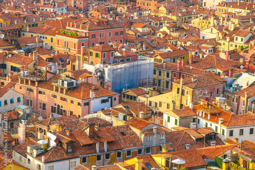 Landscape view of the historic buildings of Venice, Italy on a sunny day.