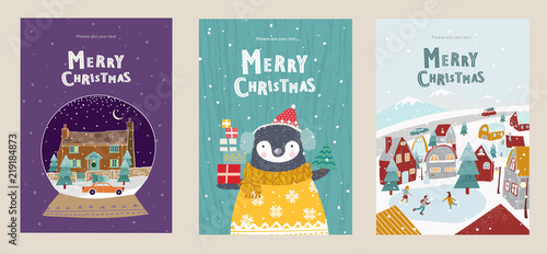  Christmas cute cards or posters, congratulations on a new year or christmas, vector illustration of winter objects and elements