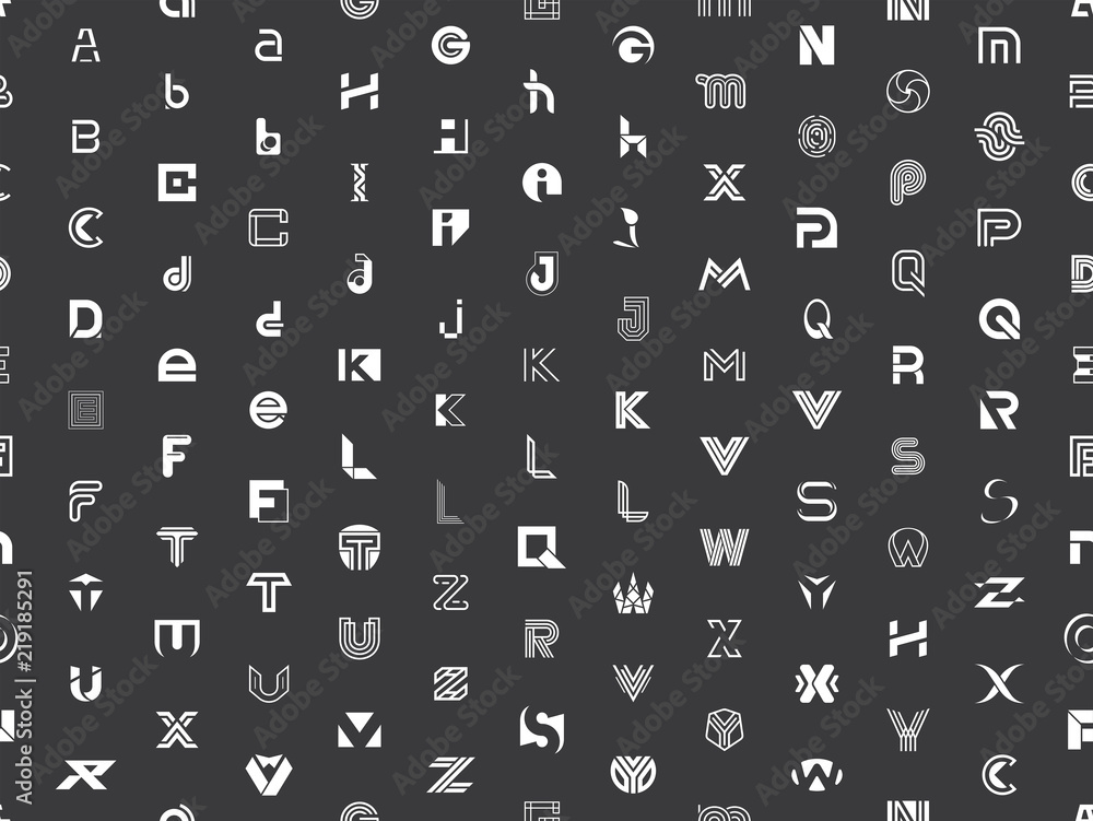 Seamless pattern with Abstract logos with letters. Isolated on Black ...