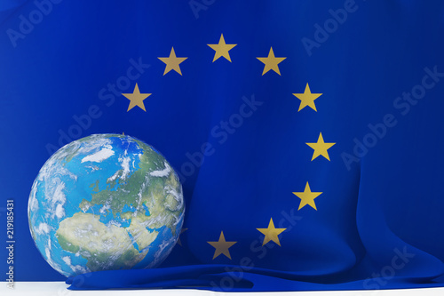 Fototapeta Naklejka Na Ścianę i Meble -  flag of Europe and planet earth world globe focused on Europe 3d-illustration. elements of this image furnished by NASA