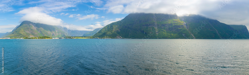 Panorama of nature view with fjord Romsdalsfjorden and mountains in Norway