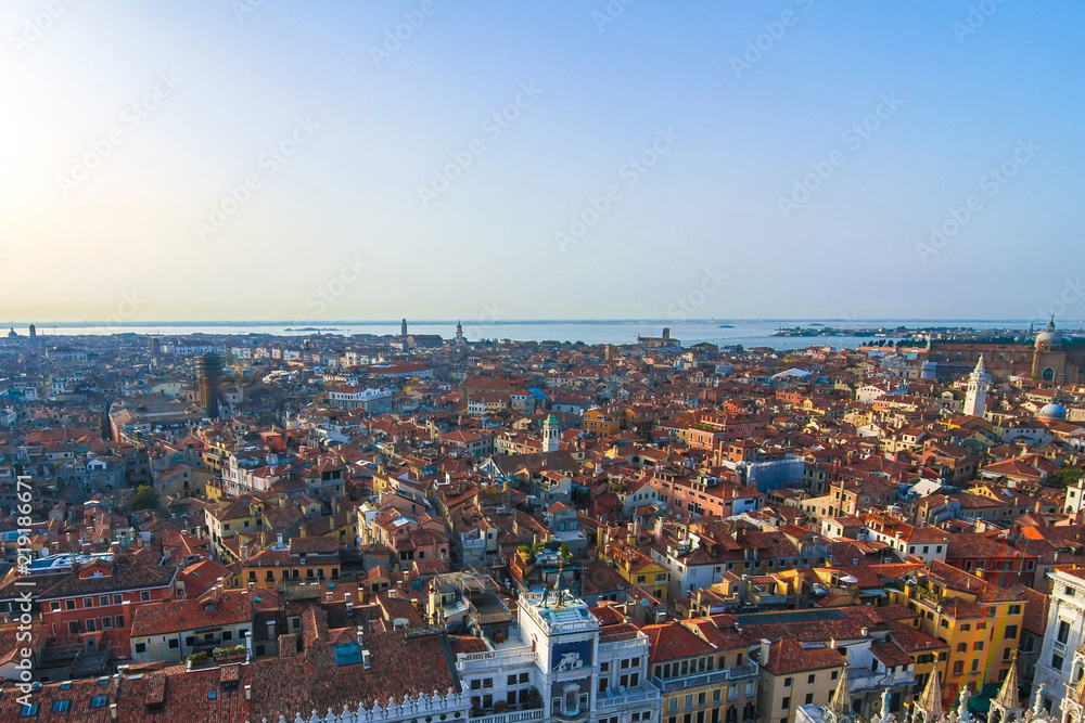Landscape view of the historic buildings of Venice, Italy on a sunny day.