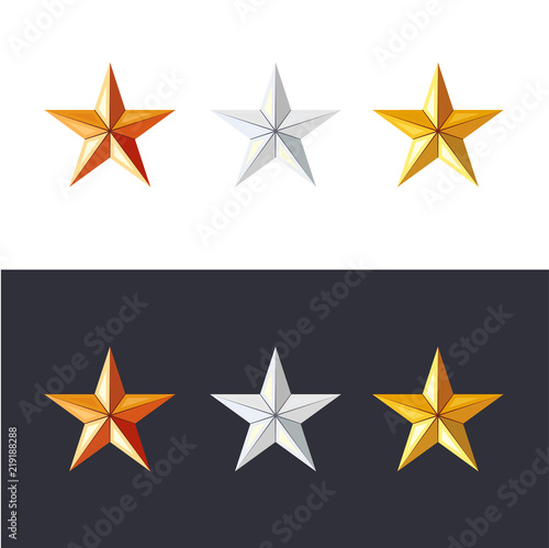 Golden  silver and bronze stars set. Game achievements and awards. 3d style vector. Rank icons.