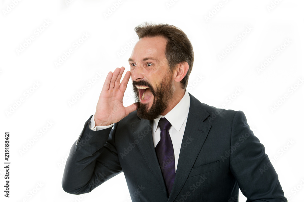 Overwhelming rumors. Businessman classic formal suit shouting loudly overwhelming news. Charismatic person achieves success easier. Businessman shouting face informing important. Do you hear me Overwhelming rumors. Businessman classic formal suit shouting loudly overwhelming news. Charismatic person achieves success easier. Businessman shouting face informing important. Do you hear me