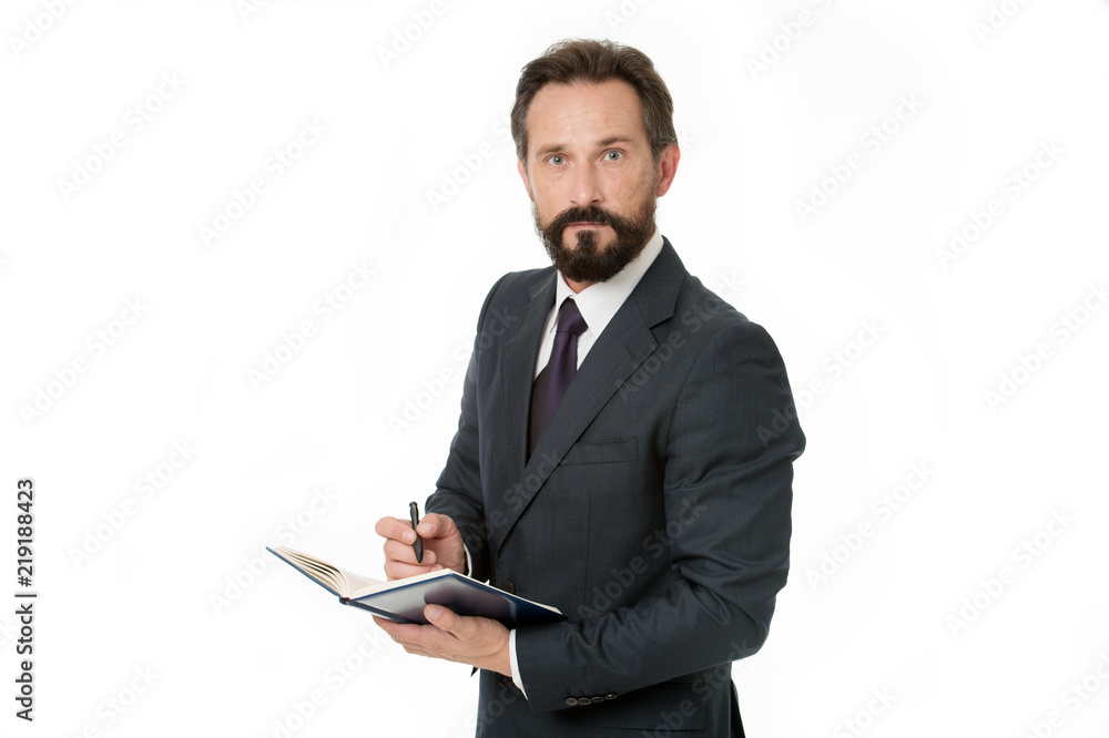 Businessman planning schedule hold notepad. Time management and organizing skill. Man bearded manager concentrated face listening you and noticing. Successful businessman planning. Well organized Businessman planning schedule hold notepad. Time management and organizing skill. Man bearded manager concentrated face listening you and noticing. Successful businessman planning. Well organized