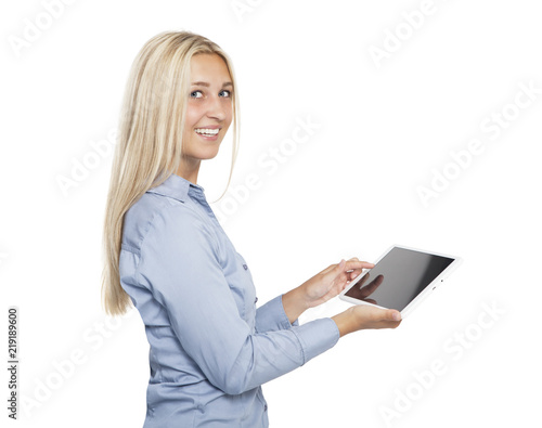 Laughing girl with tabletbook