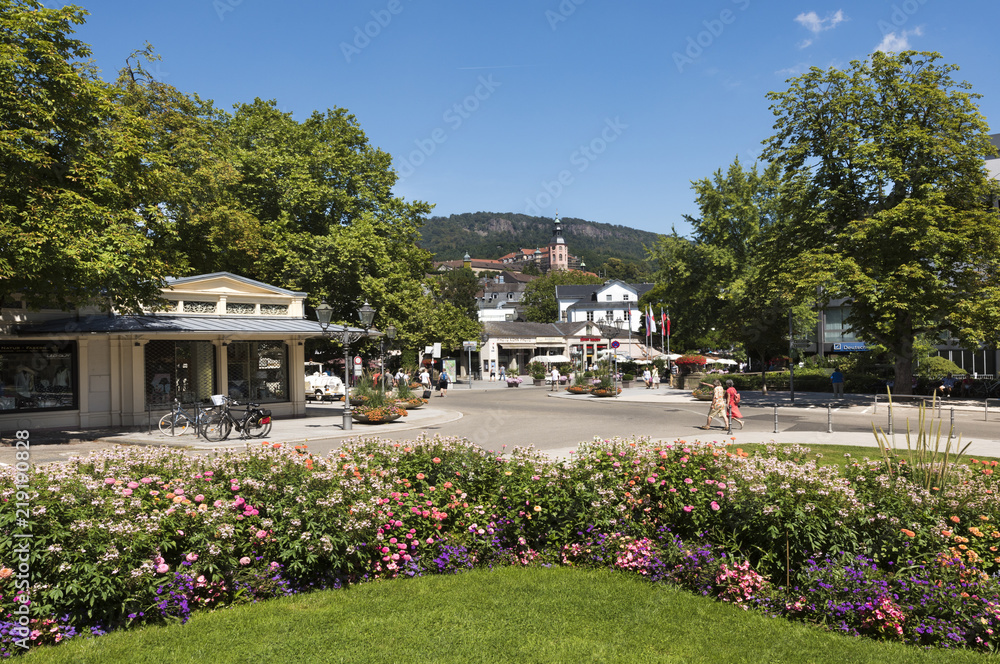 Overlooking the Colonnades and the Collegiate Church of Baden Baden. Baden Wuerttemberg, Germany