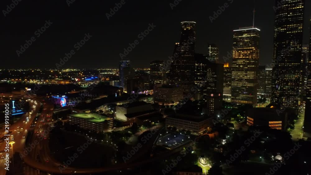 Aerial pull out shot Downtown Houston Texas night 4k Aerial pull out shot Downtown Houston Texas night 4k