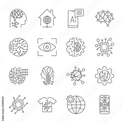 Industry 4.0, Artificial Intelligence and Internet of Things icons set. Digitalization concept enterprise IoT, smart factory, industry 4.0, AI - vector illustration