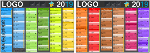 Calendrier 2019 avec vacances scolaires officielles au format A3 recto verso entièrement modifiable via calques et texte arial
