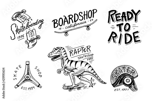 Set of Skateboarding labels logo. Skater Dinosaur tyrannosaur rex rides on the board.. Urban design for badges, emblems t-shirt typography. engraved hand drawn sketch in monochrome vintage style. photo