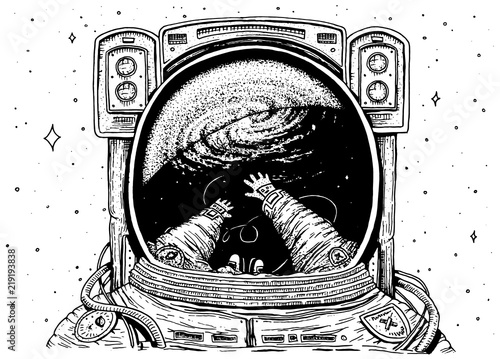 Astronaut spaceman soaring. astronomical galaxy space. Funny cosmonaut explore adventure and is reflected in the spacesuit. engraved hand drawn sketch. planets in solar system. background for website.