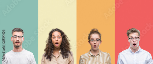 Collage of a group of people isolated over colorful background afraid and shocked with surprise expression, fear and excited face. photo