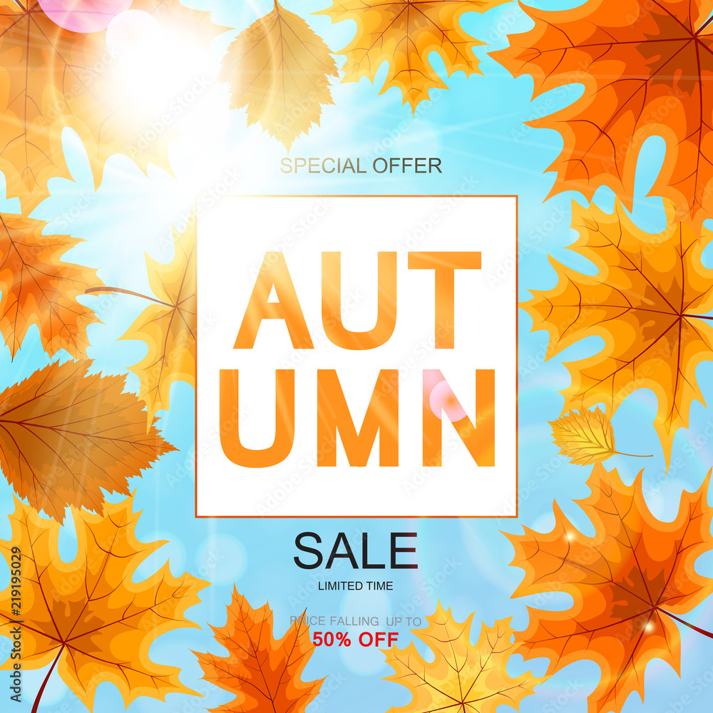 Abstract Vector Illustration Autumn Sale Background with Falling Autumn Leaves - obrazy, fototapety, plakaty 