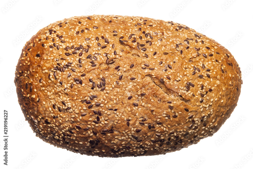 From above of rustic bread topped with seeds and isolated on white background From above of rustic bread topped with seeds and isolated on white background