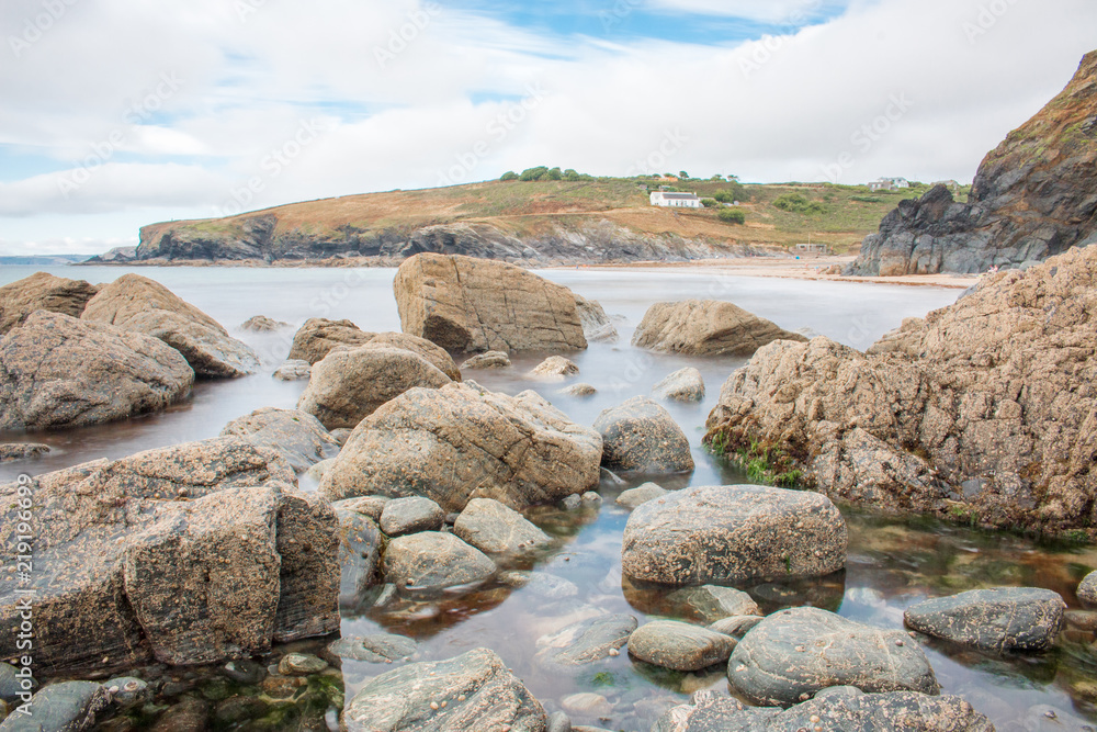 Rock formation at Polurrian Bay Beach Mullion West Cornwall South England UK