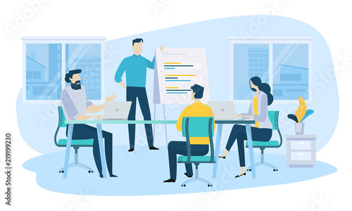 Vector illustration concept of business meeting, teamwork, training, improving professional skill. Creative flat design for web banner, marketing material, business presentation.