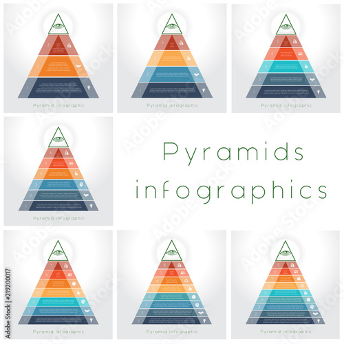 Templateі Infographic business process colorful pyramids for text area on 3, 4, 5, 6, 7, 8, 9 positions.