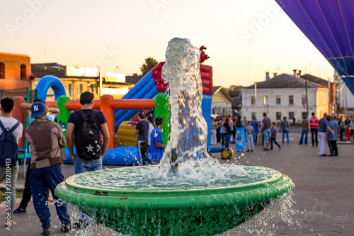 Fountain in the central square of the city. Celebration of the 660th anniversary of the city of Borovsk, Russia. August 18, 2018