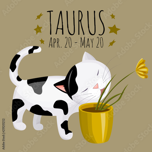 Taurus zodiac sign; cartoon cat eating grass; vector EPS10
