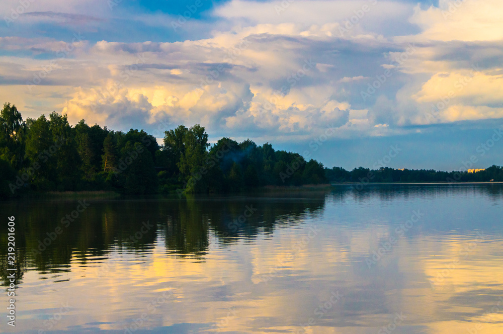 Fototapeta premium Summer evening landscape on the Lake Biserovo, Moscow region, Russia.