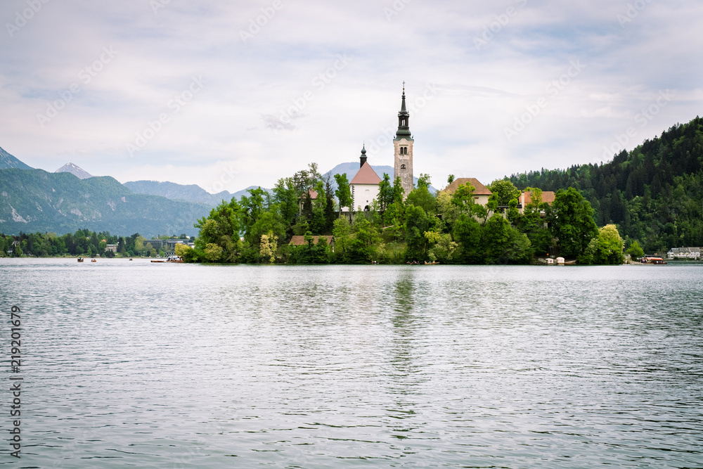 Naklejka premium Church on island on lake Bled, Slovenia
