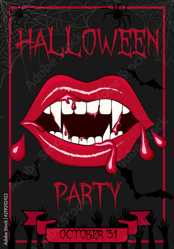 Vector illustration of greeting or invitation flyer on a dark background with bloody vampire mouth and fangs, spider webs, spiders, bats and graves. The inscription "Halloween Party, October 31"
