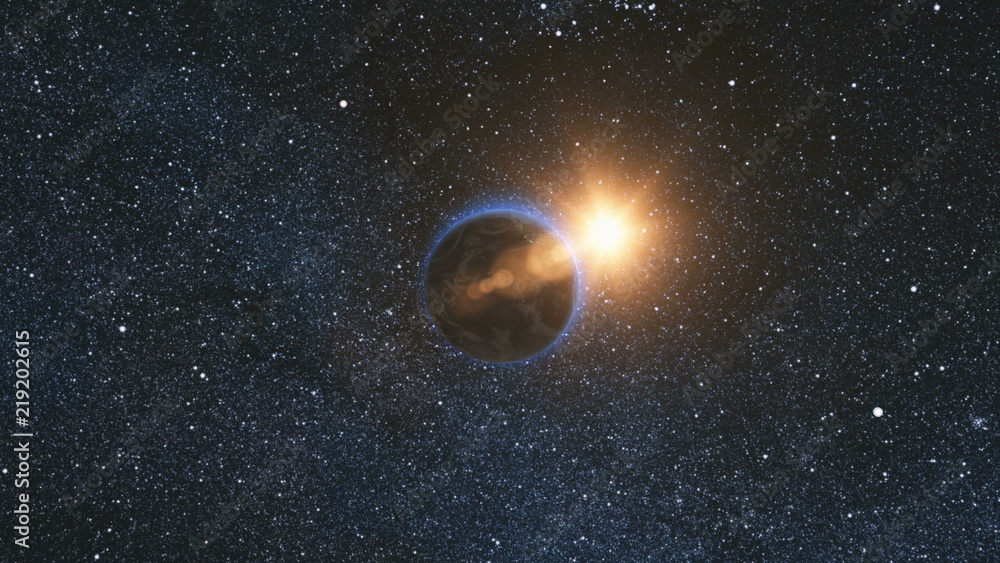 Obraz premium Space view on Planet Earth and Sun Star rotating on its axis in black Universe. Seamless loop with day and night city lights change. Astronomy and science concept. Elements of image furnished by NASA