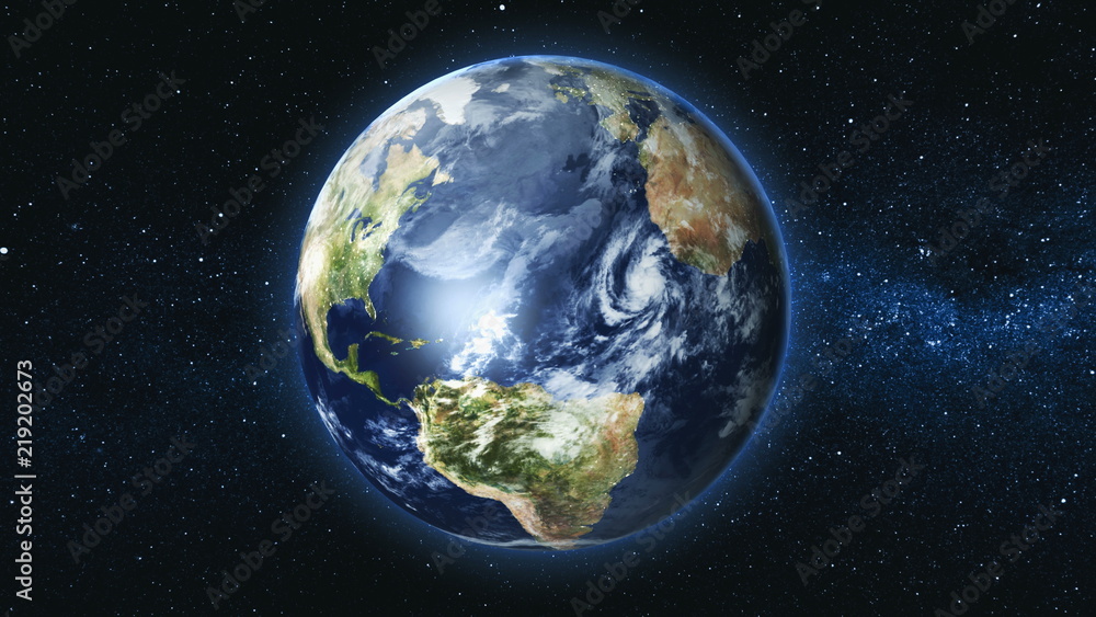 Realistic Earth Planet, rotating on its axis in space against the background of the Milky Way star sky. Astronomy and science concept. Continents and oceans. Elements of image furnished by NASA