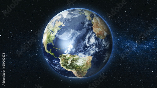 Realistic Earth Planet, rotating on its axis in space against the background of the Milky Way star sky. Astronomy and science concept. Continents and oceans. Elements of image furnished by NASA © Goinyk