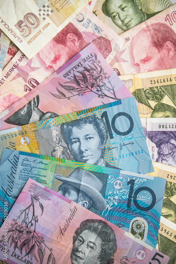 Obraz premium Stylish bright background, made of Australian banknotes, laid out randomly.